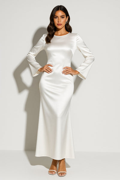 Greta | Damen Satin Langarm Fishtail Maxi Abendkleid