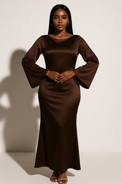 Greta | Damen Satin Langarm Fishtail Maxi Abendkleid