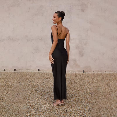 Leonie | Damen Satin Maxikleid Rückenfrei Figurbetont Schlitz