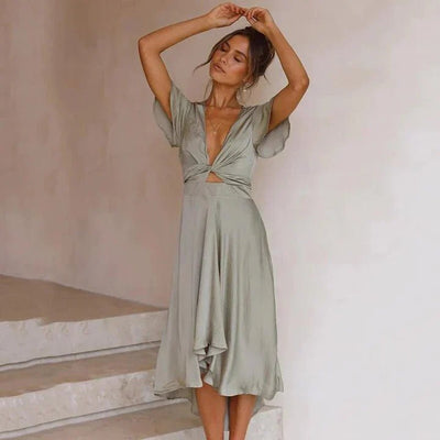 Leonie | Damen Satin Midi Kleid Tiefem V-Ausschnitt Flatterärmel