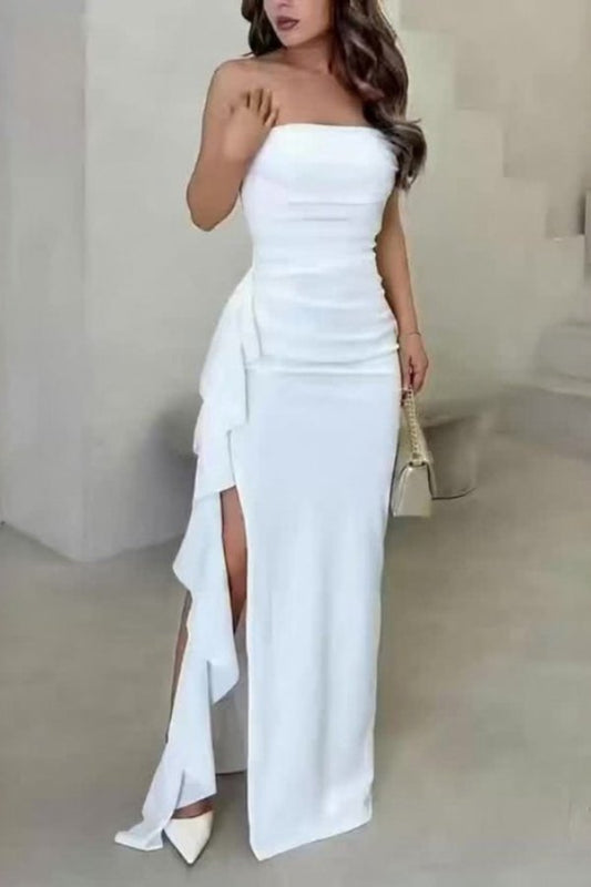 Greta | Damen Satin Trägerlos Wickelkleid Raffung Hoher Schlitz
