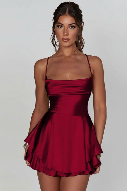 Amelie | Damen Satinoptik Rückenfreies Cocktailkleid Geraffter Taille Minirock