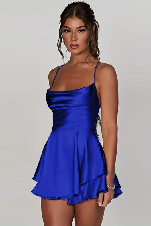 Amelie | Damen Satinoptik Rückenfreies Cocktailkleid Geraffter Taille Minirock