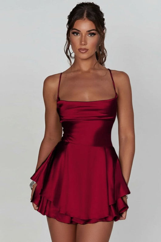 Amelie | Damen Satinoptik Rückenfreies Cocktailkleid Geraffter Taille Minirock