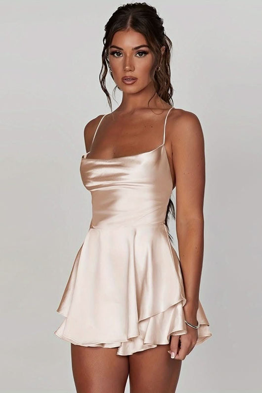 Amelie | Damen Satinoptik Rückenfreies Cocktailkleid Geraffter Taille Minirock