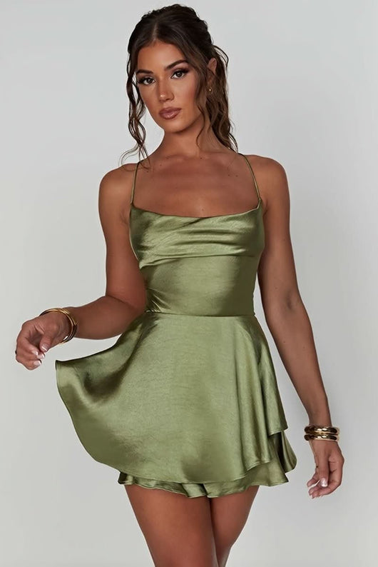Amelie | Damen Satinoptik Rückenfreies Cocktailkleid Geraffter Taille Minirock