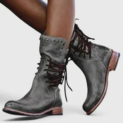 Elfriede | Damen Schnürstiefel Vintage Leder-Optik Ankle Boots Nietendetail