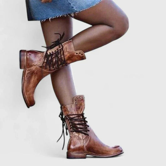 Elfriede | Damen Schnürstiefel Vintage Leder-Optik Ankle Boots Nietendetail