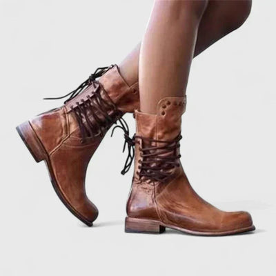Elfriede | Damen Schnürstiefel Vintage Leder-Optik Ankle Boots Nietendetail