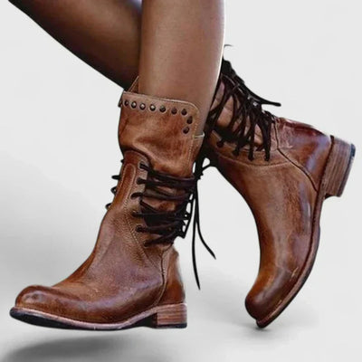 Elfriede | Damen Schnürstiefel Vintage Leder-Optik Ankle Boots Nietendetail