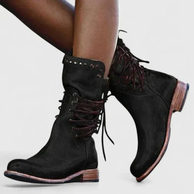 Elfriede | Damen Schnürstiefel Vintage Leder-Optik Ankle Boots Nietendetail