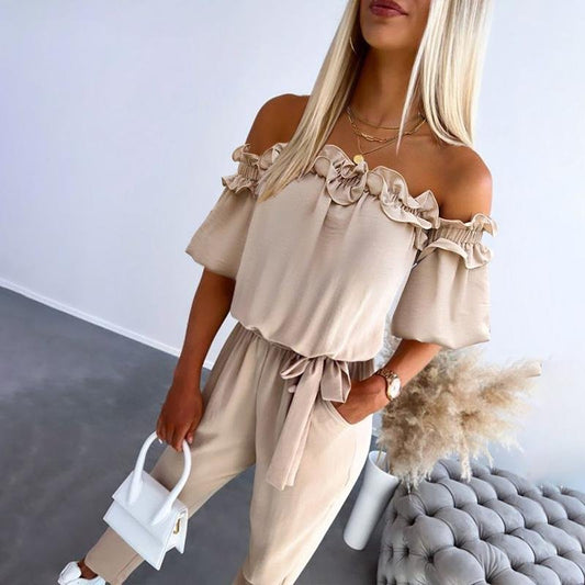 Amelie | Damen Schulterfreier Rüschen-Jumpsuit Bindeband Taille