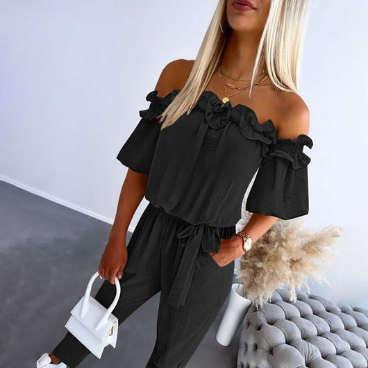 Amelie | Damen Schulterfreier Rüschen-Jumpsuit Bindeband Taille