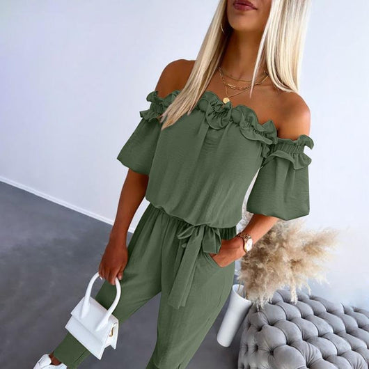 Amelie | Damen Schulterfreier Rüschen-Jumpsuit Bindeband Taille