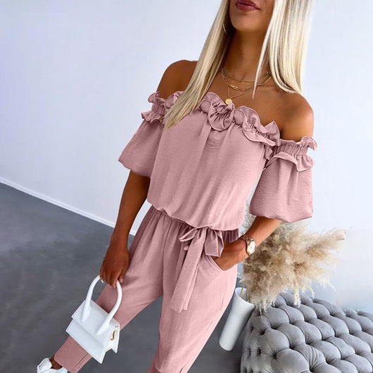 Amelie | Damen Schulterfreier Rüschen-Jumpsuit Bindeband Taille