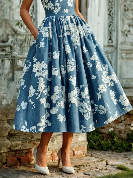 Leonie | Damen Schulterfreies Leinen Midi-Kleid mit Blumenmuster