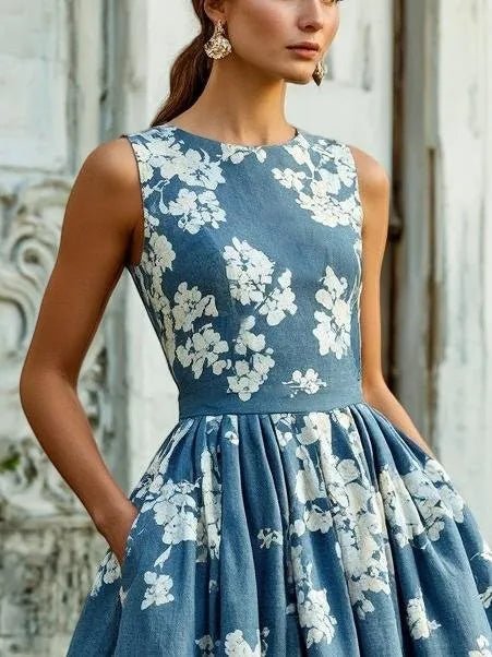 Leonie | Damen Schulterfreies Leinen Midi-Kleid mit Blumenmuster