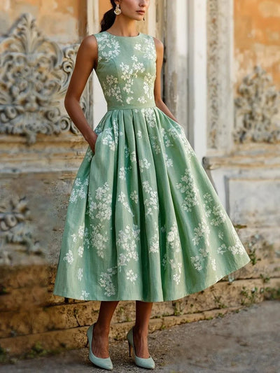 Leonie | Damen Schulterfreies Leinen Midi-Kleid mit Blumenmuster