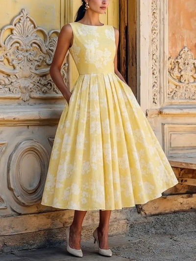 Leonie | Damen Schulterfreies Leinen Midi-Kleid mit Blumenmuster