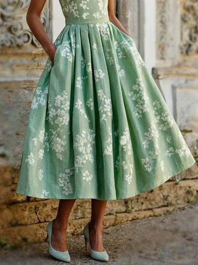 Leonie | Damen Schulterfreies Leinen Midi-Kleid mit Blumenmuster