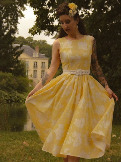 Leonie | Damen Schulterfreies Leinen Midi-Kleid mit Blumenmuster