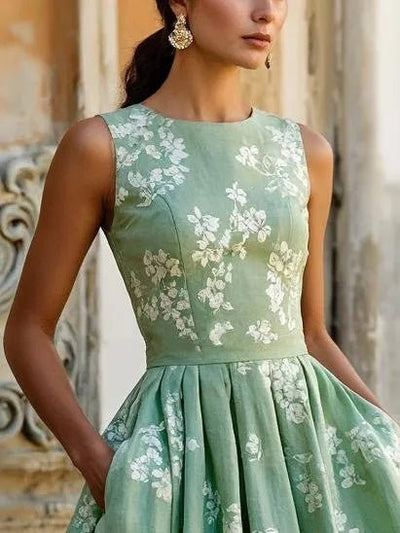 Leonie | Damen Schulterfreies Leinen Midi-Kleid mit Blumenmuster