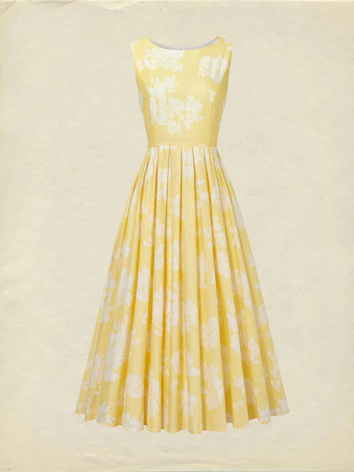 Leonie | Damen Schulterfreies Leinen Midi-Kleid mit Blumenmuster