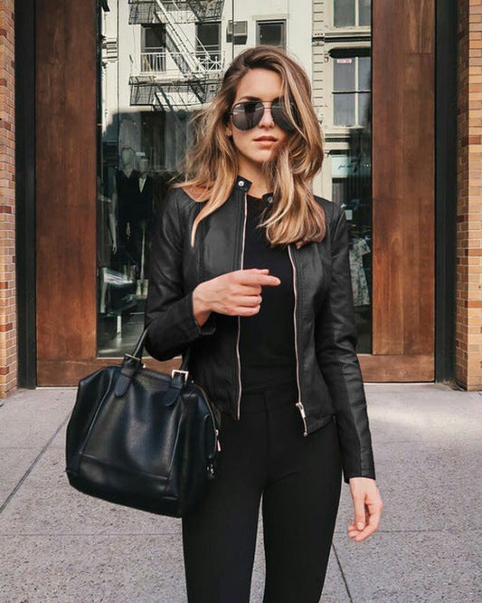 Sophie | Damen Slim-Fit Kunstleder Bikerjacke mit Reißverschluss