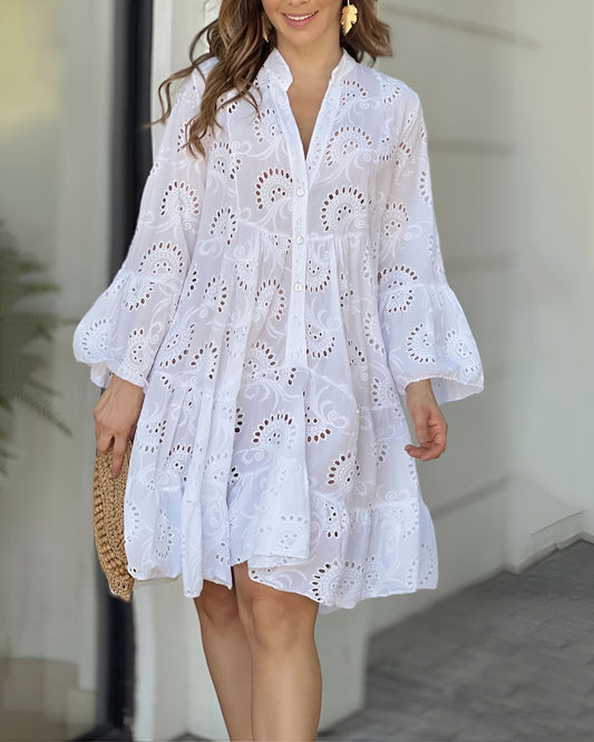 Hannah | Damen Sommerkleid Weißes Lochstickerei-Blusenkleid Langarm