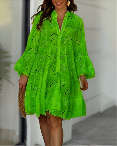 Hannah | Damen Sommerkleid Weißes Lochstickerei-Blusenkleid Langarm
