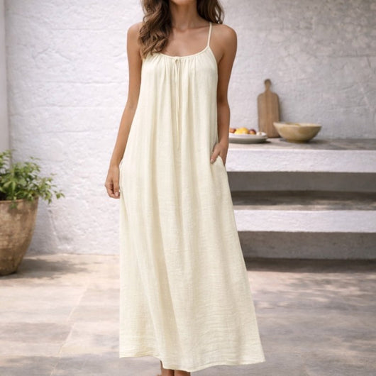 Lena | Damen Spaghetti-Träger Maxi-Sommerkleid Weitgeschnitten mit Taschen