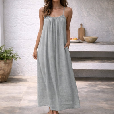 Lena | Damen Spaghetti-Träger Maxi-Sommerkleid Weitgeschnitten mit Taschen