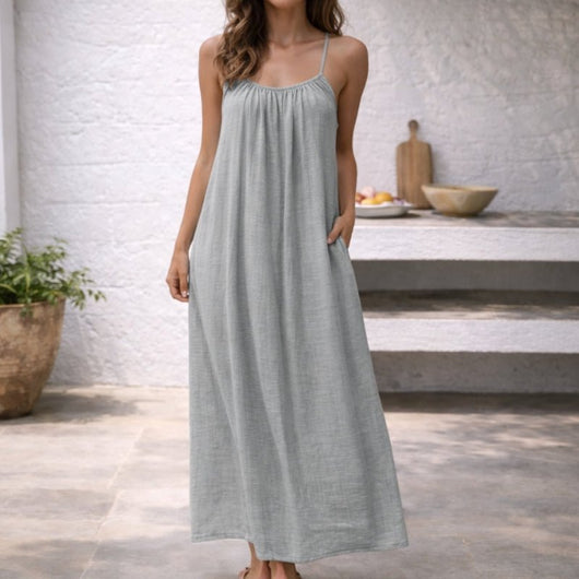 Lena | Damen Spaghetti-Träger Maxi-Sommerkleid Weitgeschnitten mit Taschen