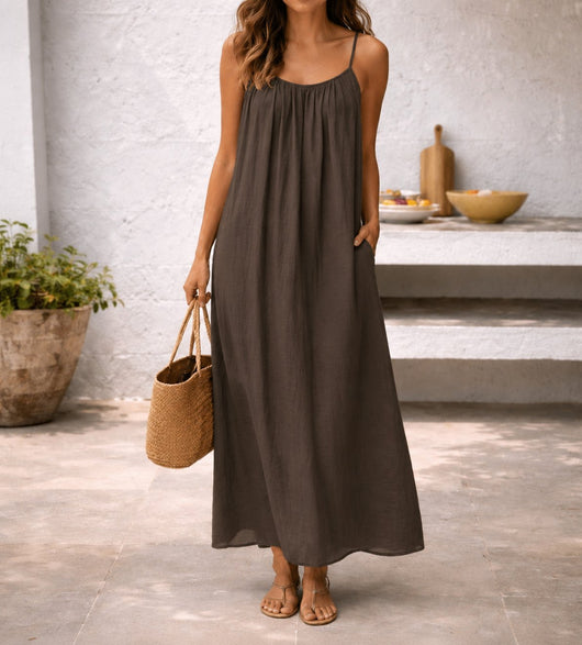 Lena | Damen Spaghetti-Träger Maxi-Sommerkleid Weitgeschnitten mit Taschen