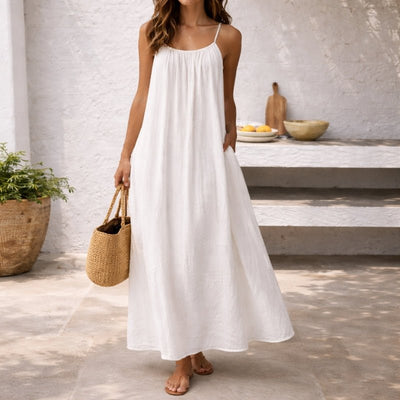 Lena | Damen Spaghetti-Träger Maxi-Sommerkleid Weitgeschnitten mit Taschen