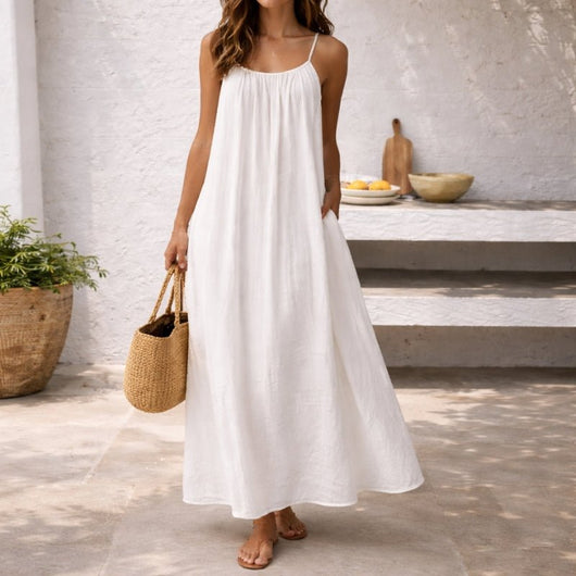 Lena | Damen Spaghetti-Träger Maxi-Sommerkleid Weitgeschnitten mit Taschen