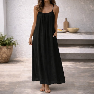 Lena | Damen Spaghetti-Träger Maxi-Sommerkleid Weitgeschnitten mit Taschen