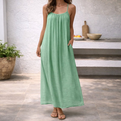 Lena | Damen Spaghetti-Träger Maxi-Sommerkleid Weitgeschnitten mit Taschen