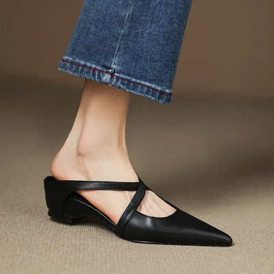 Mia | Damen Spitze Echtleder Kreuzriemen Mules mit Absatz