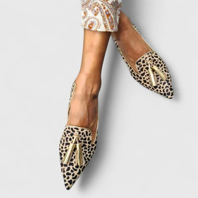 Hannah | Damen Spitze Leopardenmuster Quasten Loafers Flache Slipper