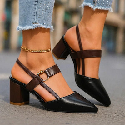 Nora | Damen Spitze T-Strap Blockabsatz Pumps