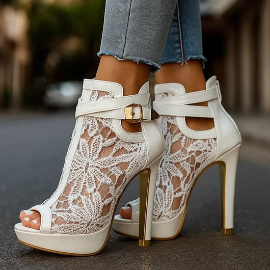 Greta | Damen Spitzen-Peeptoe-Stiletto-Ankle-Boots mit Knöchelriemen