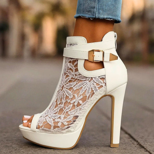 Greta | Damen Spitzen-Peeptoe-Stiletto-Ankle-Boots mit Knöchelriemen