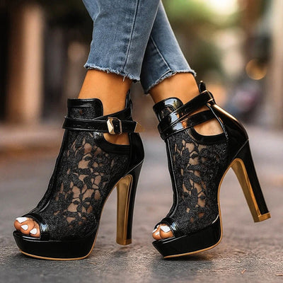 Greta | Damen Spitzen-Peeptoe-Stiletto-Ankle-Boots mit Knöchelriemen