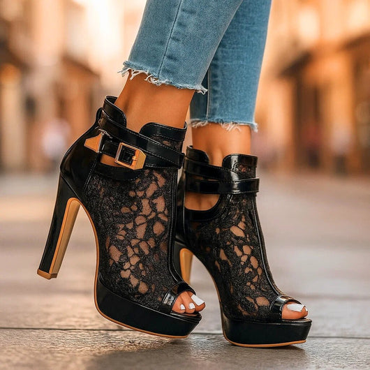 Greta | Damen Spitzen-Peeptoe-Stiletto-Ankle-Boots mit Knöchelriemen