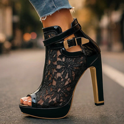 Greta | Damen Spitzen-Peeptoe-Stiletto-Ankle-Boots mit Knöchelriemen