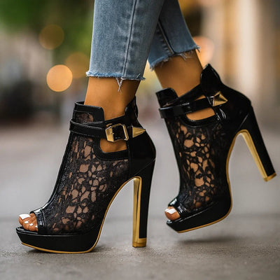 Greta | Damen Spitzen-Peeptoe-Stiletto-Ankle-Boots mit Knöchelriemen