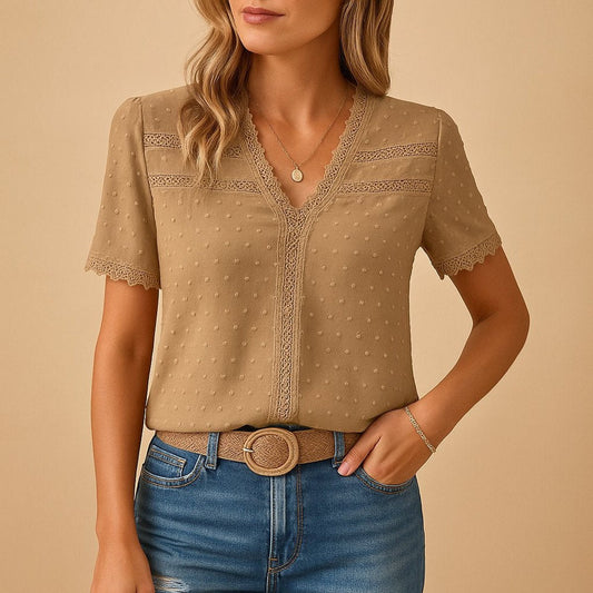 Amelie | Damen Spitzenbesatz Swiss-Dot V-Ausschnitt Bluse
