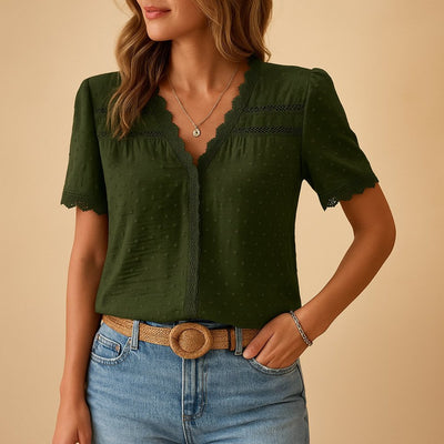 Amelie | Damen Spitzenbesatz Swiss-Dot V-Ausschnitt Bluse