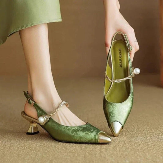 Amelie | Damen Spitzschuh Kitten-Heel Slingback-Pumps Jacquard Perlenriemen